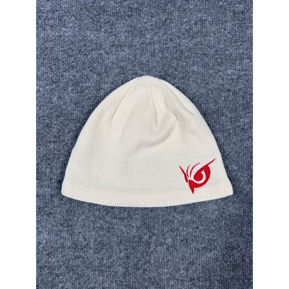 The North Face Beanie Hat Unisex OSFM Cream Red Embroidered Logo Fleece Lined